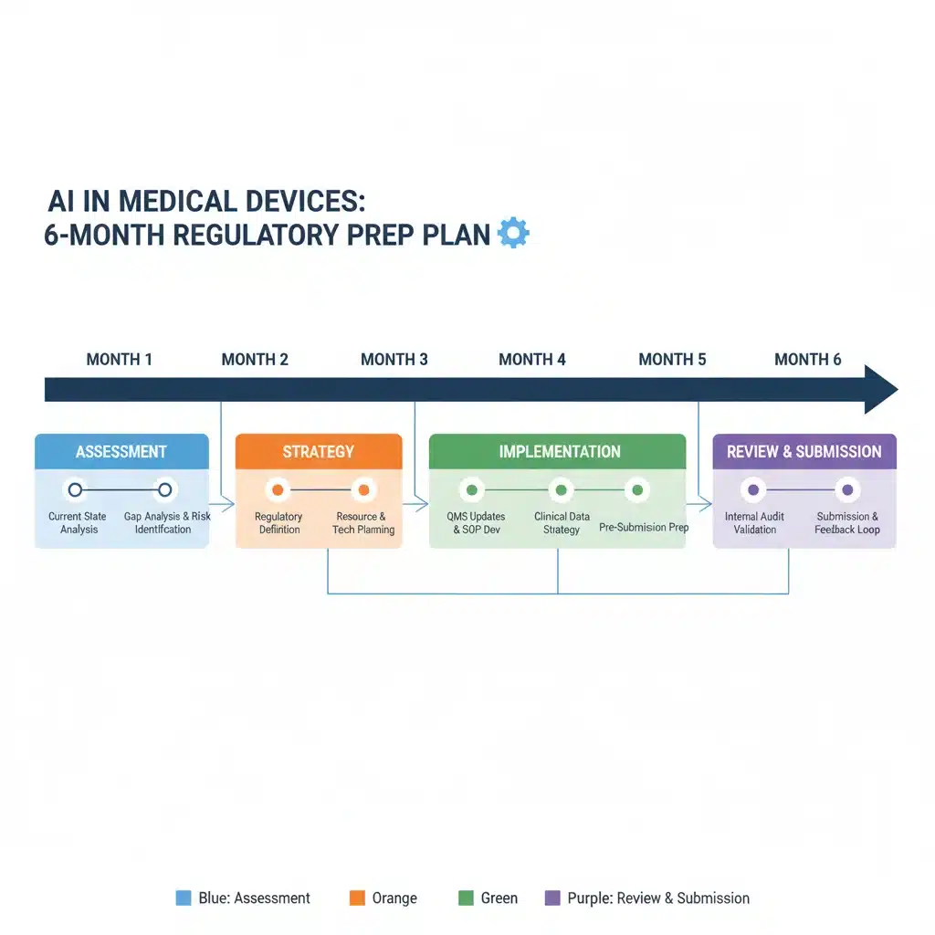 Flowchart outlining a 6-month action plan for AI medical device regulatory compliance, showing key phases and milestones.