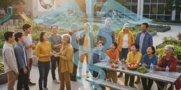 Diverse group of people smiling in a supportive community setting, symbolizing health assistance.