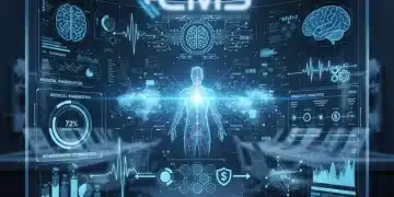 Digital dashboard with AI healthcare data and CMS logo, symbolizing AI diagnostic reimbursement.