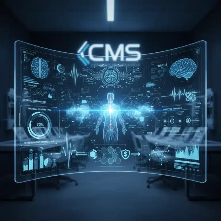 Digital dashboard with AI healthcare data and CMS logo, symbolizing AI diagnostic reimbursement.