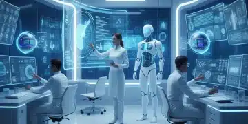 AI in US Digital Diagnostics: Transforming Patient Care by 2027 Doctors interacting with AI-powered digital diagnostic screens in a modern laboratory