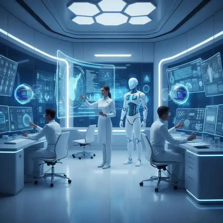 Doctors interacting with AI-powered digital diagnostic screens in a modern laboratory