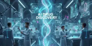AI in drug discovery laboratory with scientists and holographic molecular models