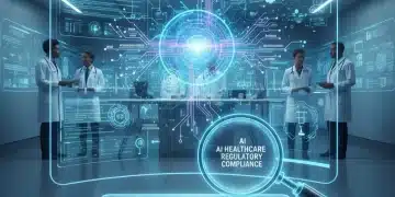 Futuristic lab with AI data displays and regulatory documents.