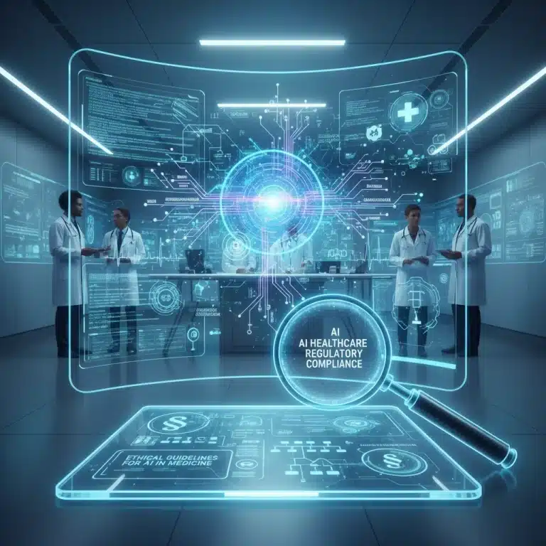 Futuristic lab with AI data displays and regulatory documents.