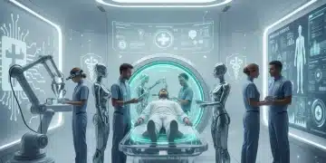 Doctors interacting with advanced AI medical devices in a modern clinic, highlighting regulatory compliance and innovation.
