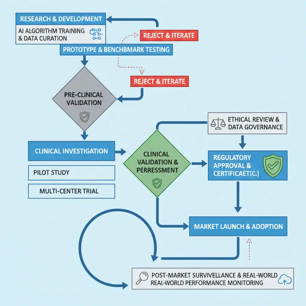 Flowchart of AI medical device regulatory pathway.