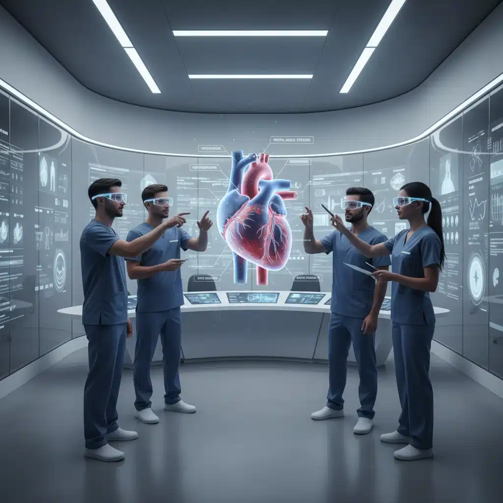 Medical residents collaborating with augmented reality for anatomical study.