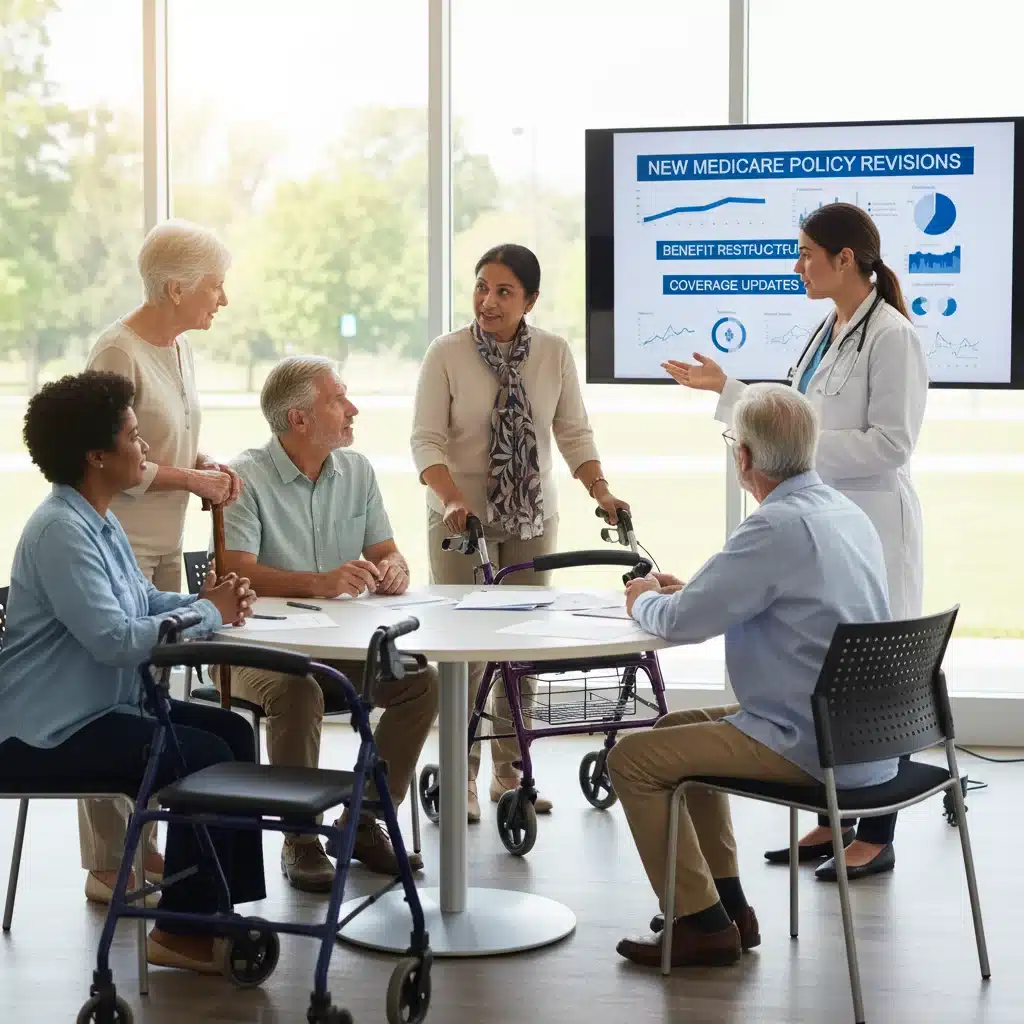 Elderly individuals discussing with a healthcare provider, representing beneficiary impact and engagement with Medicare policy changes.