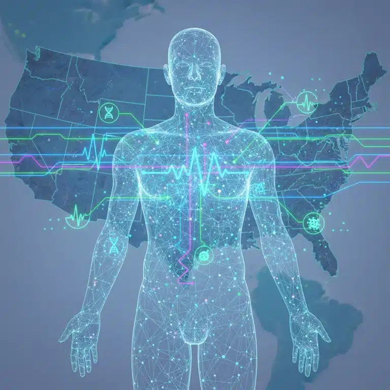 Big data analytics transforming public health landscape in the United States, with data streams connecting to health insights.