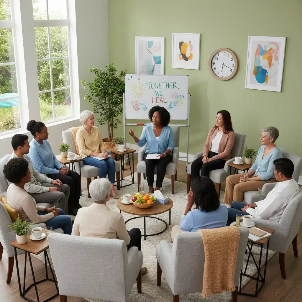 Cancer patients and caregivers in a support group session