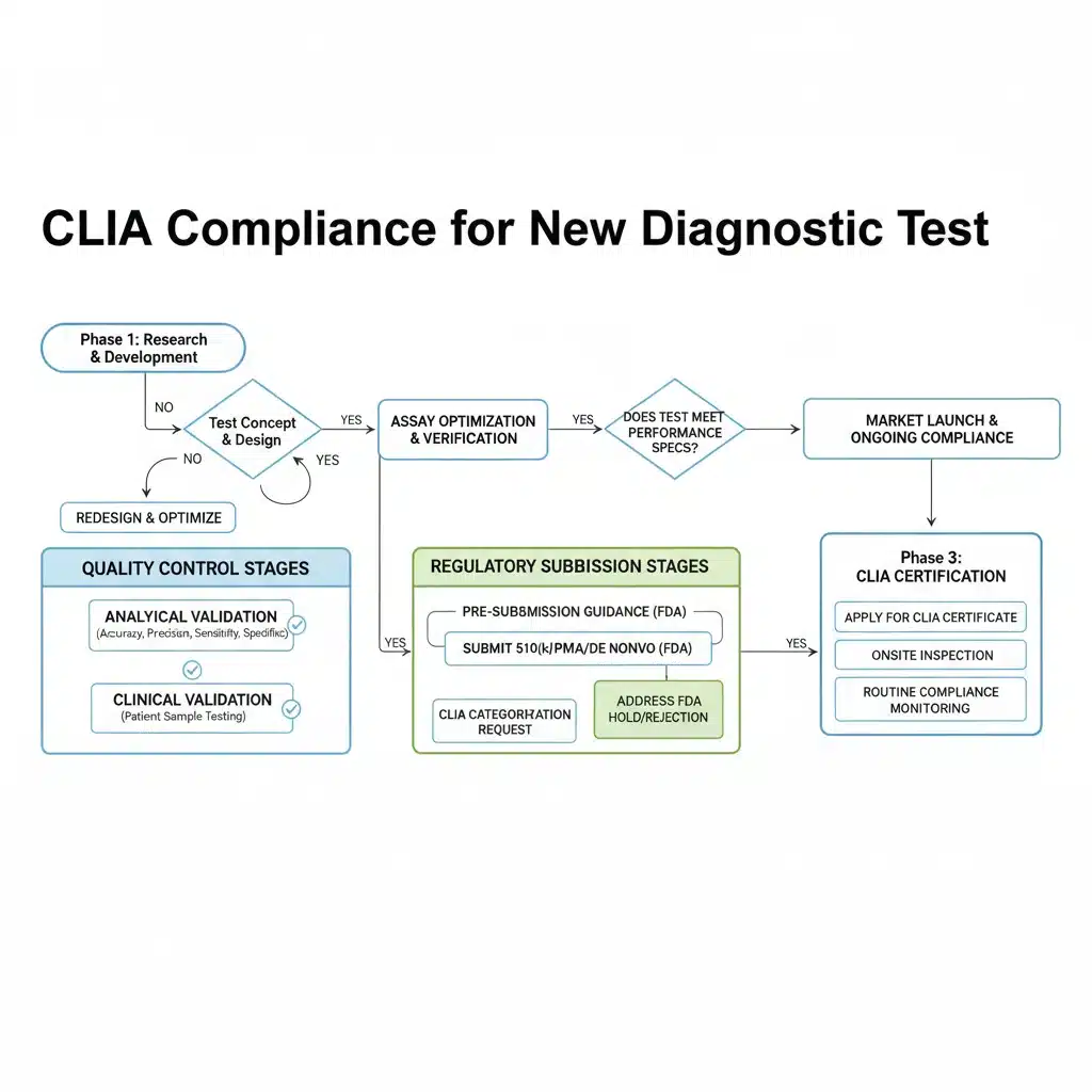 CLIA compliance flowchart for diagnostic test development and approval
