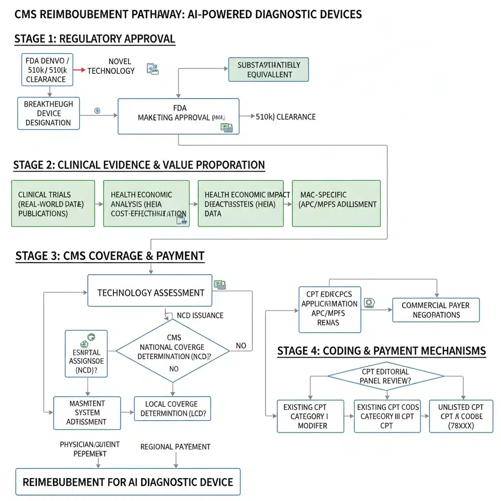Flowchart depicting CMS reimbursement process for AI diagnostic technologies.