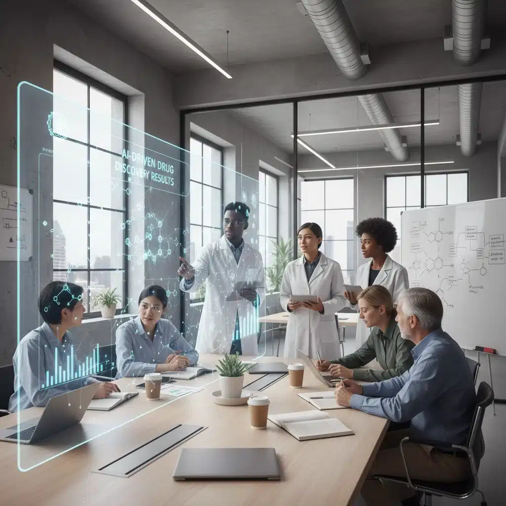 Interdisciplinary team collaborating on AI-driven drug discovery research