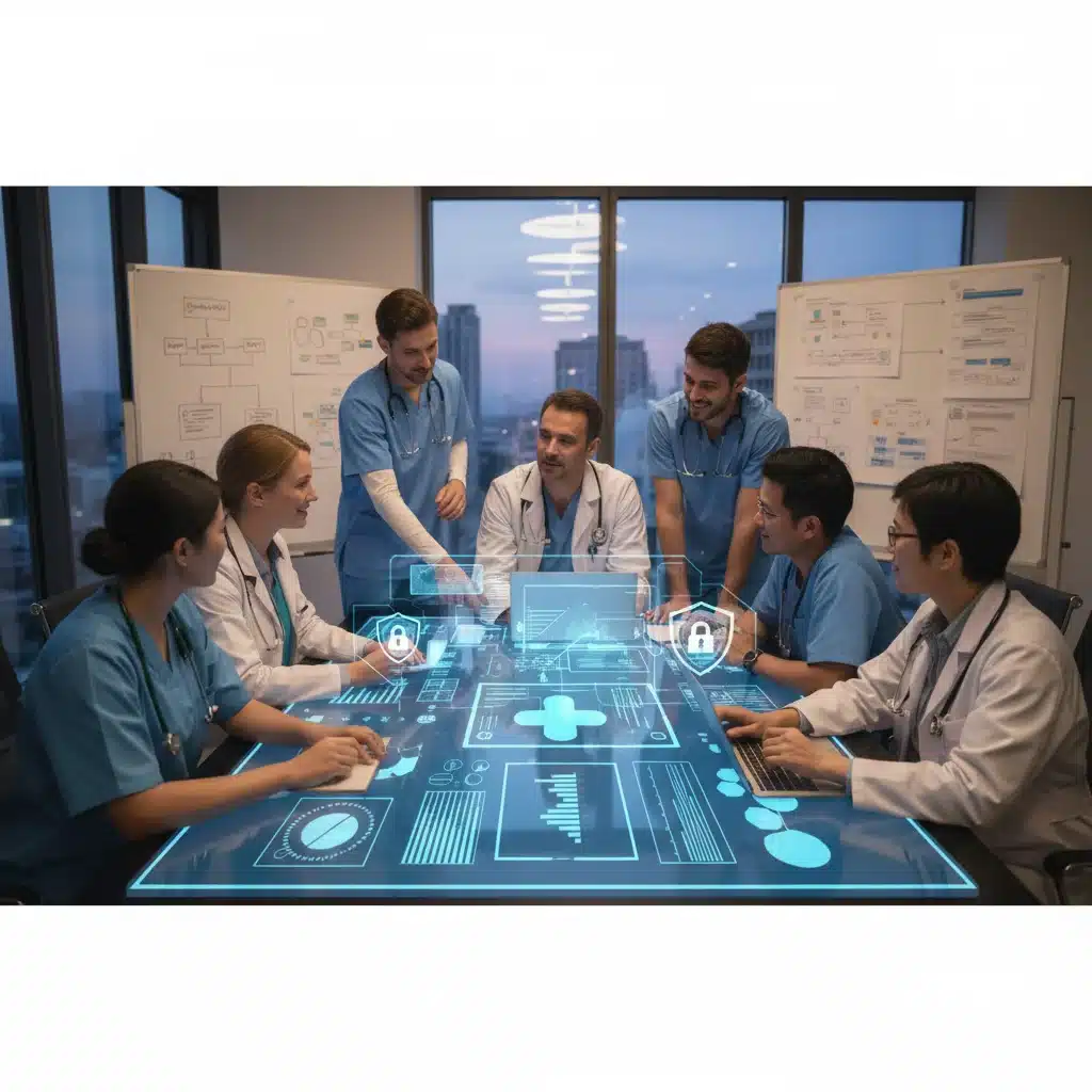 Healthcare and tech professionals collaborating on secure patient data management.