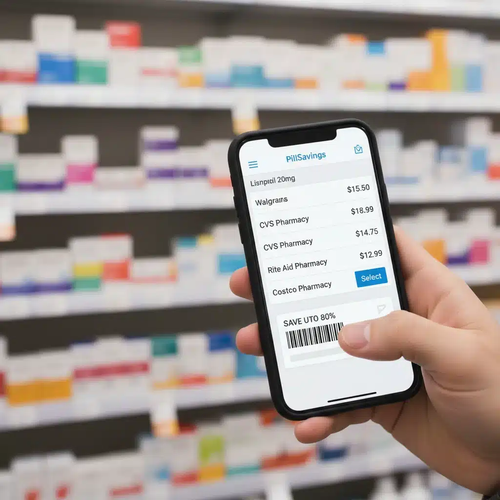 Individual comparing prescription drug prices using a discount card app on a smartphone