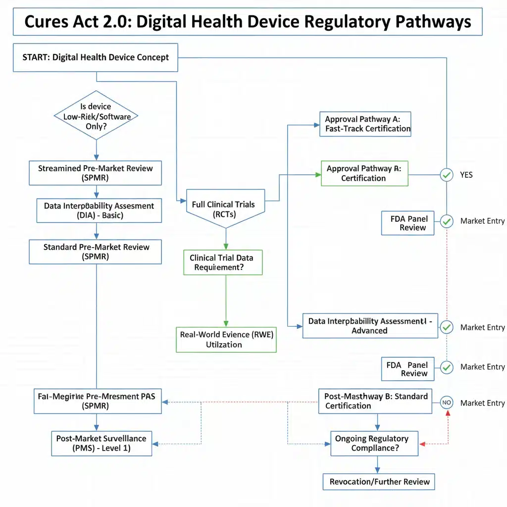 Regulatory flowchart for Cures Act 2.0 digital health device approvals.