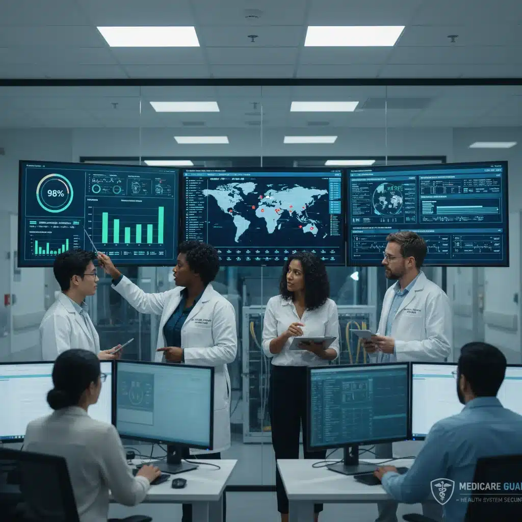 Cybersecurity team monitoring threats and compliance in healthcare