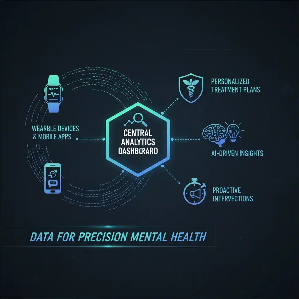 Data flow from wearables to personalized mental health treatment plans.