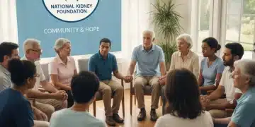 Group of dialysis patients and caregivers in a support meeting, smiling and engaged.
