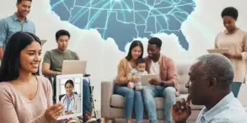 Digital Health Equity in the US: Bridging Access Gaps with New Initiatives and Technologies by 2026 Diverse individuals accessing digital healthcare services on tablets and smartphones, symbolizing digital health equity across the US.