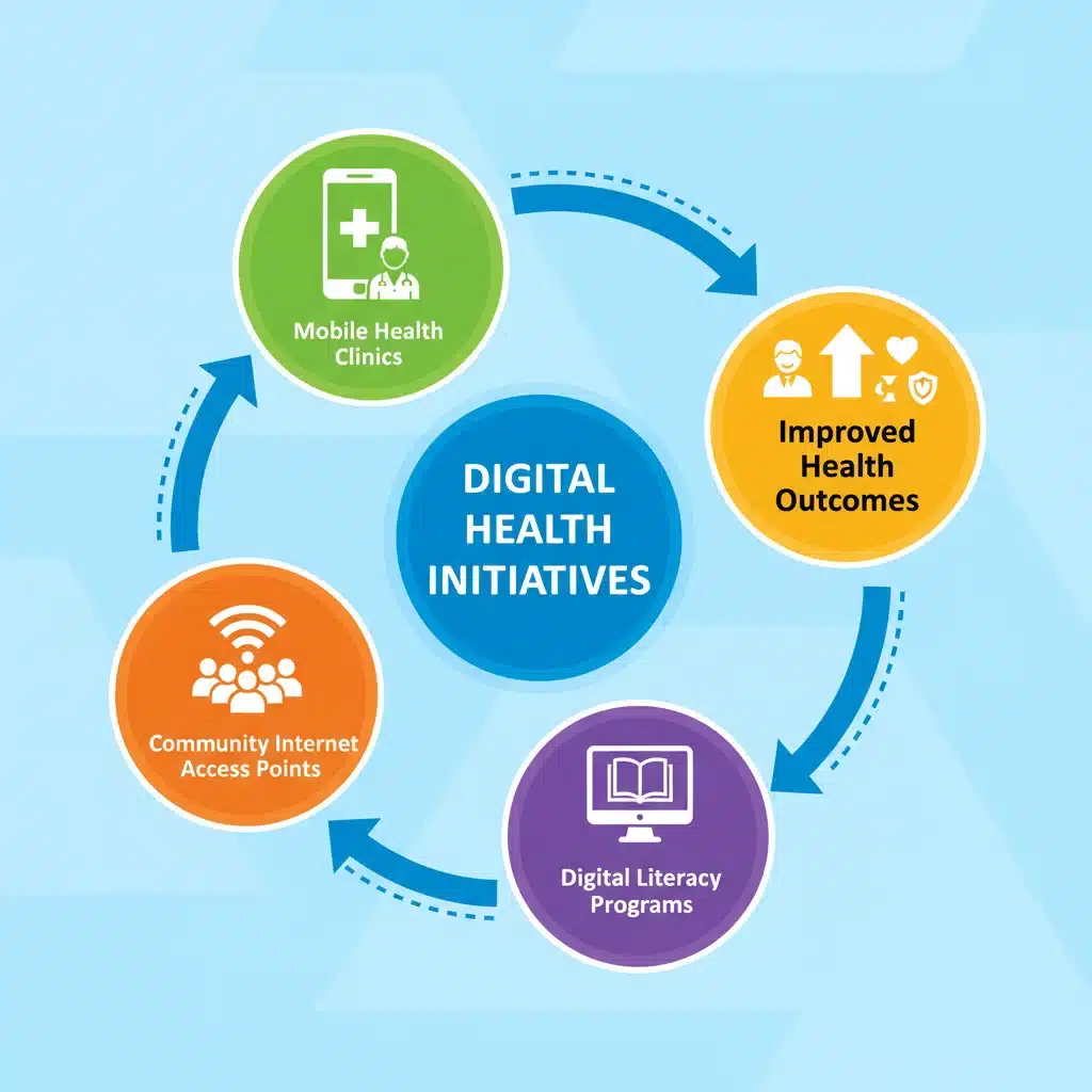 Infographic showing digital health initiatives like mobile clinics and digital literacy programs.