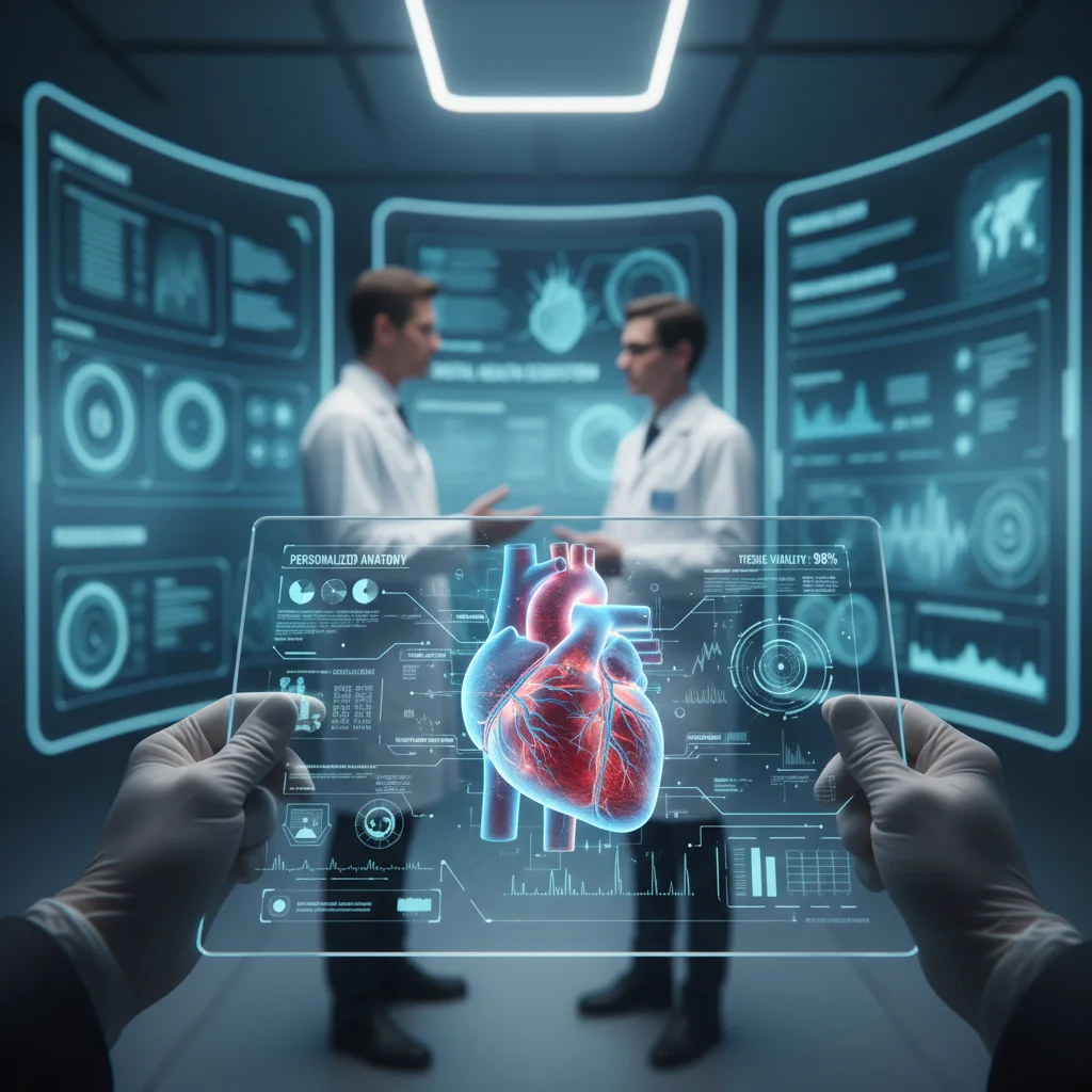 Digital health professional analyzing 3D organ model on tablet, showcasing personalized medicine.