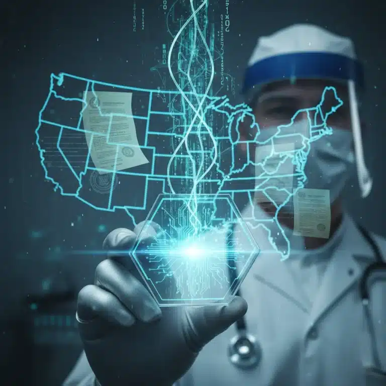 Doctor holding futuristic digital health device with regulatory documents background