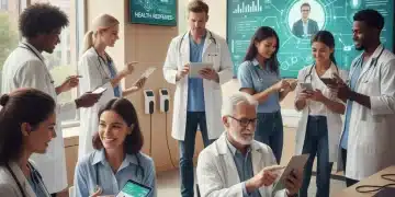 Digital Health Tools: Enhancing Patient Engagement in US Healthcare Patients and providers engaging with digital health tools on tablets and smartphones.