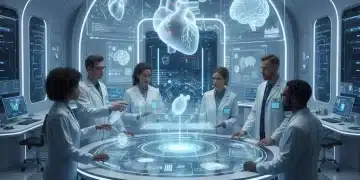 Scientists analyzing holographic digital twin models in a high-tech medical research lab