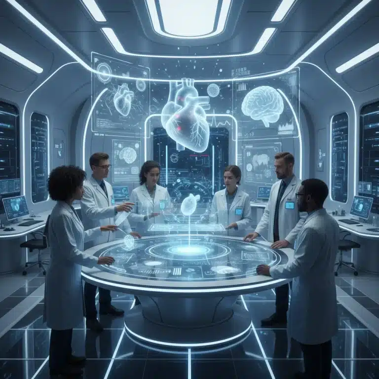 Scientists analyzing holographic digital twin models in a high-tech medical research lab