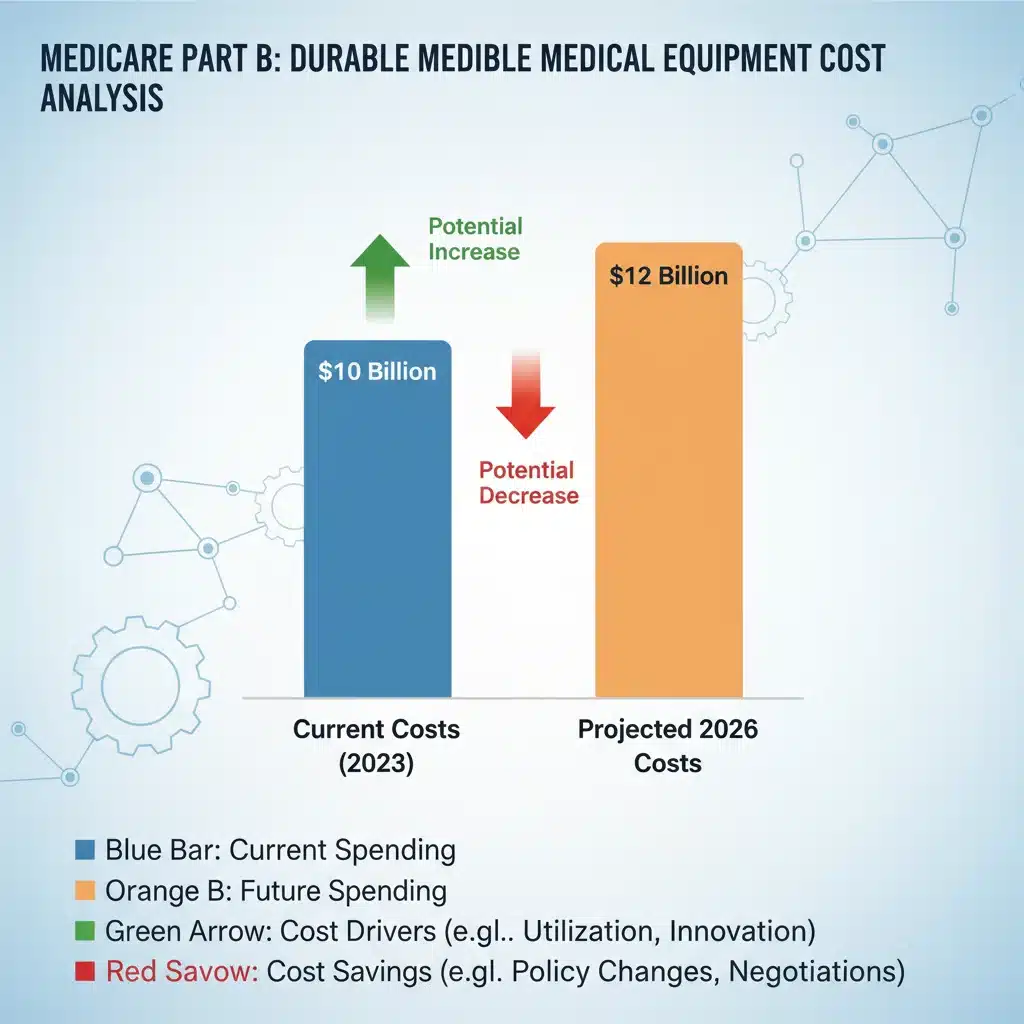Bar chart comparing current and projected 2026 Medicare Part B DME costs, showing potential financial impact.