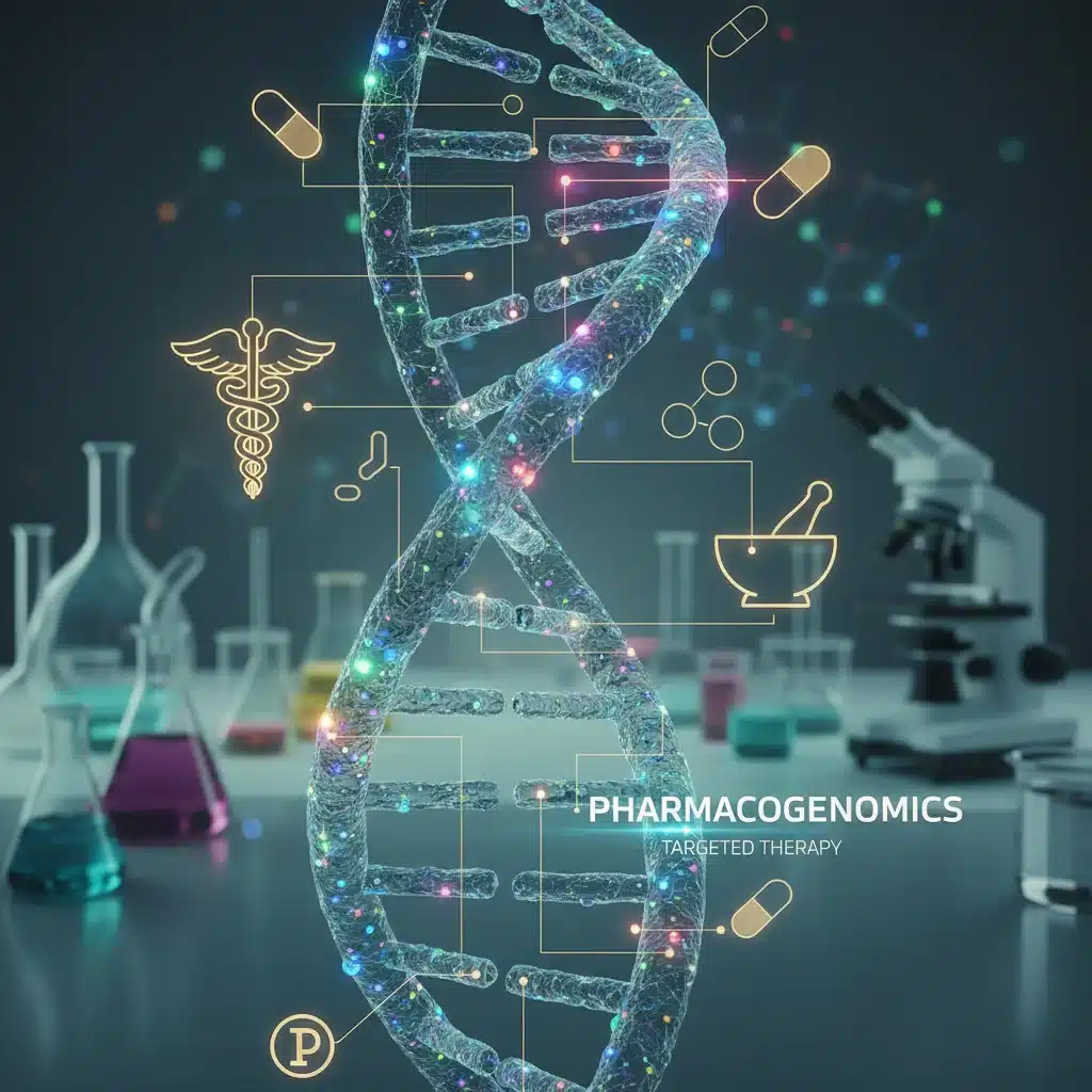 DNA helix with drug symbols, symbolizing pharmacogenomics and targeted treatments.