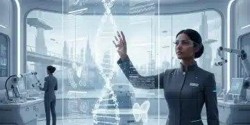 Personalized Medicine & Genomics: 2026 Advancements in US Healthcare Doctor analyzing genomic data on a holographic screen, representing personalized medicine advancements.