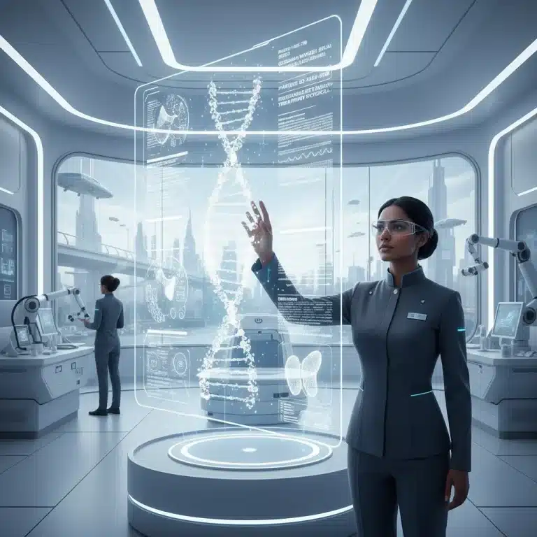 Doctor analyzing genomic data on a holographic screen, representing personalized medicine advancements.