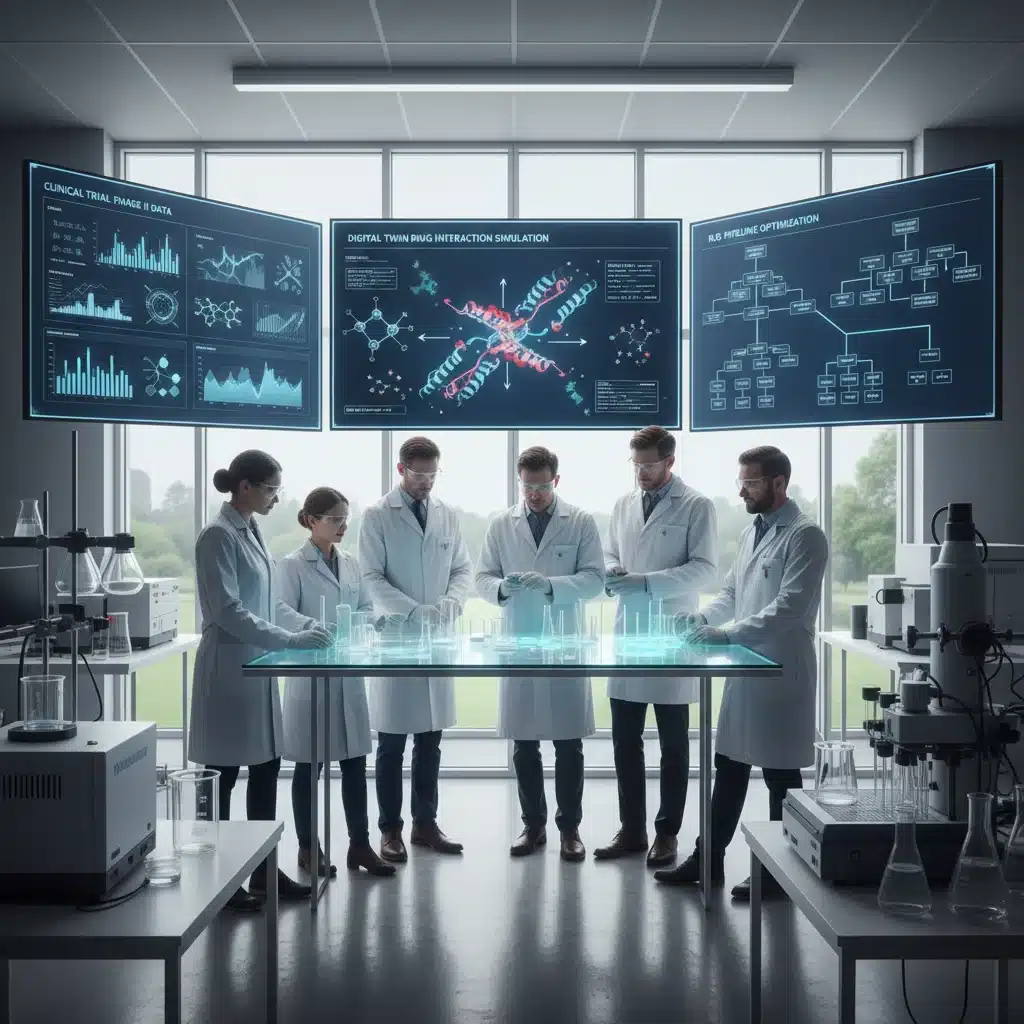 Pharmaceutical researchers using digital twin simulations for accelerated drug discovery