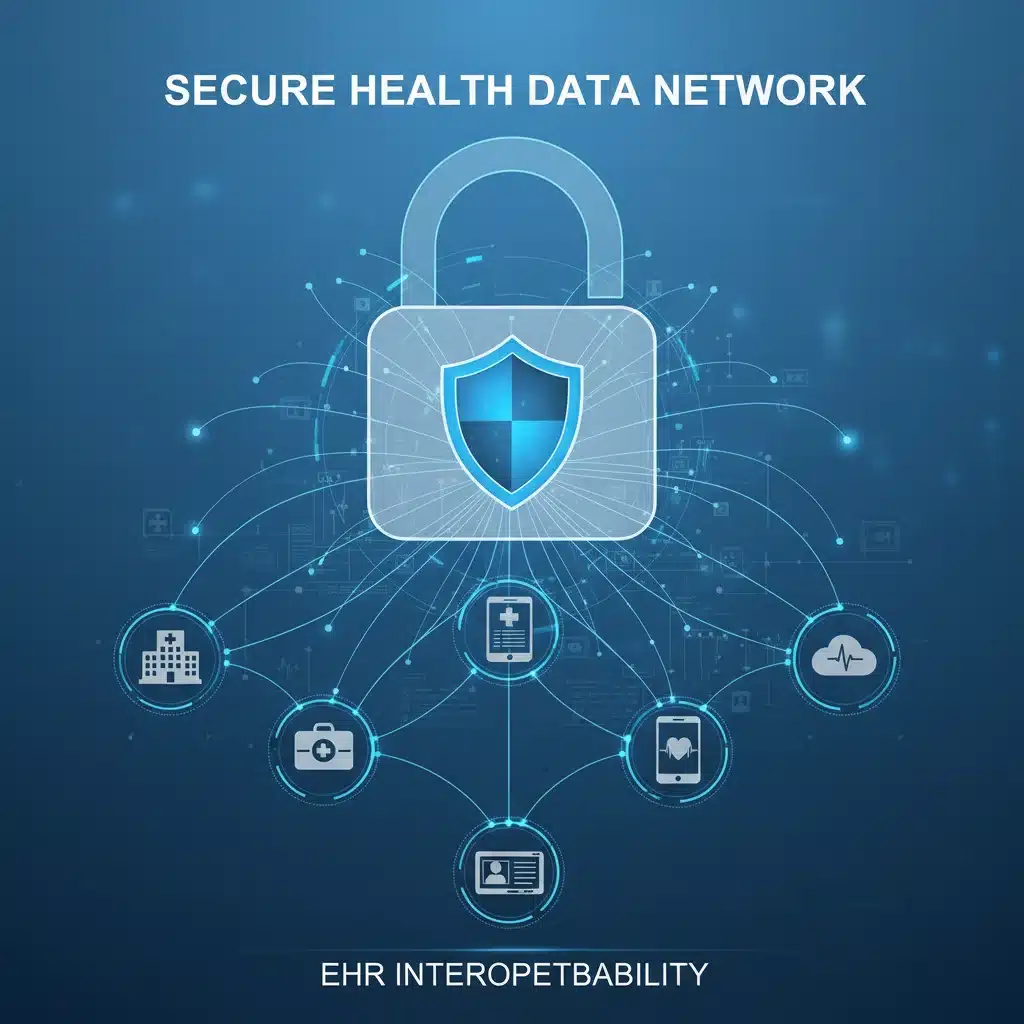 Digital padlock symbolizing data security and interoperability in EHR systems.
