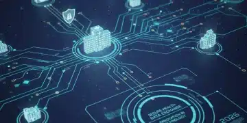 Digital illustration of seamless data exchange in healthcare, symbolizing EHR interoperability in 2026.