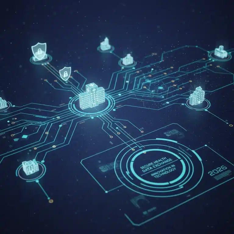 Digital illustration of seamless data exchange in healthcare, symbolizing EHR interoperability in 2026.