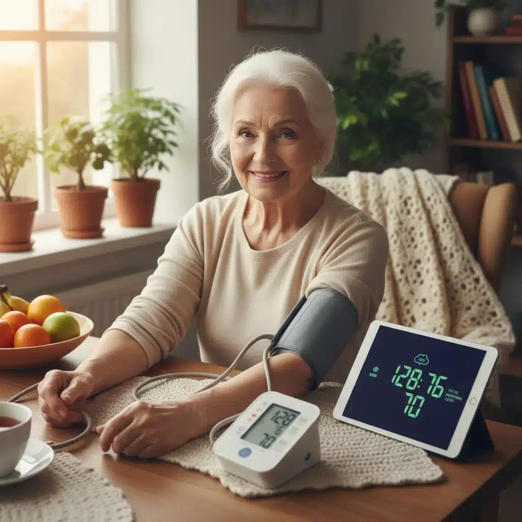 Elderly woman using an automated blood pressure monitor at home, with remote monitoring display.