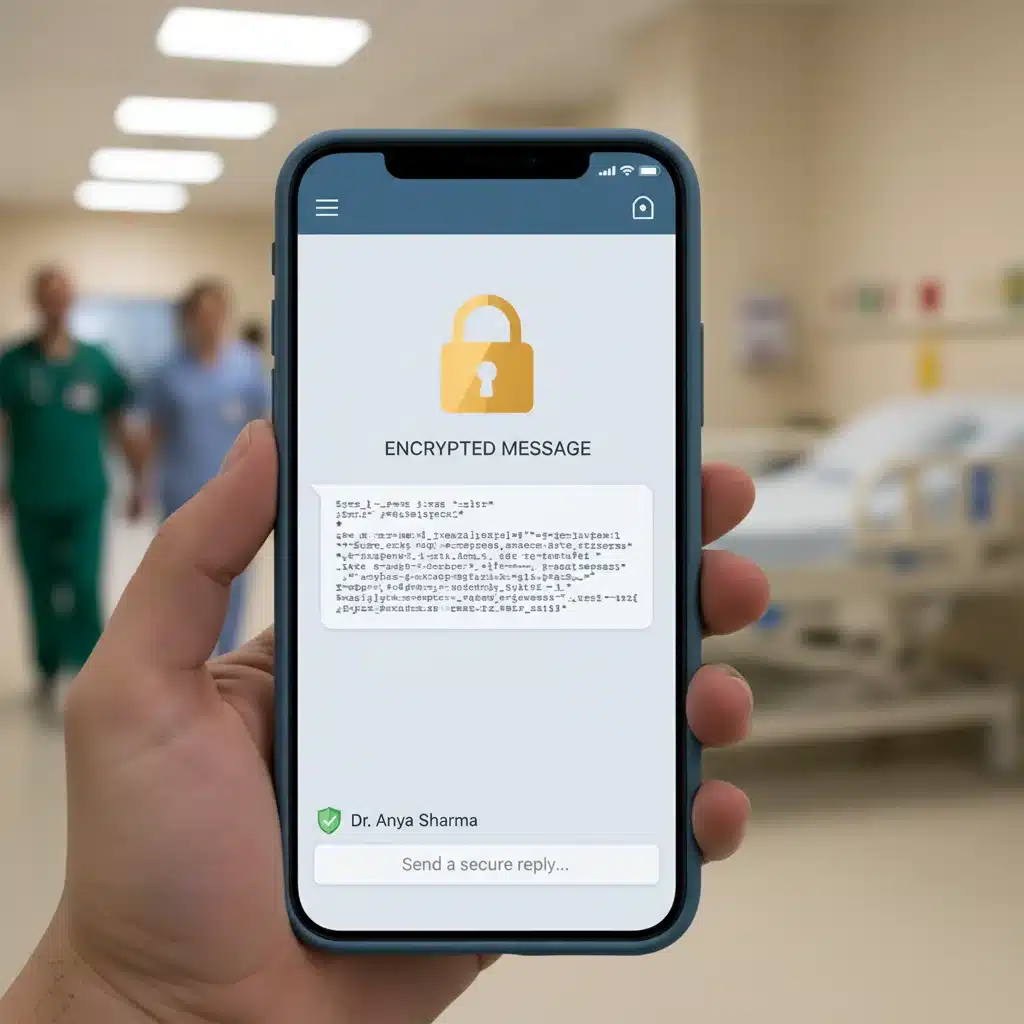 Encrypted secure message on a smartphone screen, emphasizing data protection in healthcare.