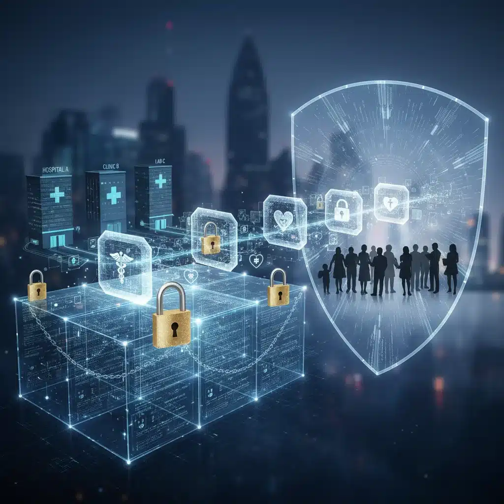 Encrypted patient data flowing securely across a healthcare network