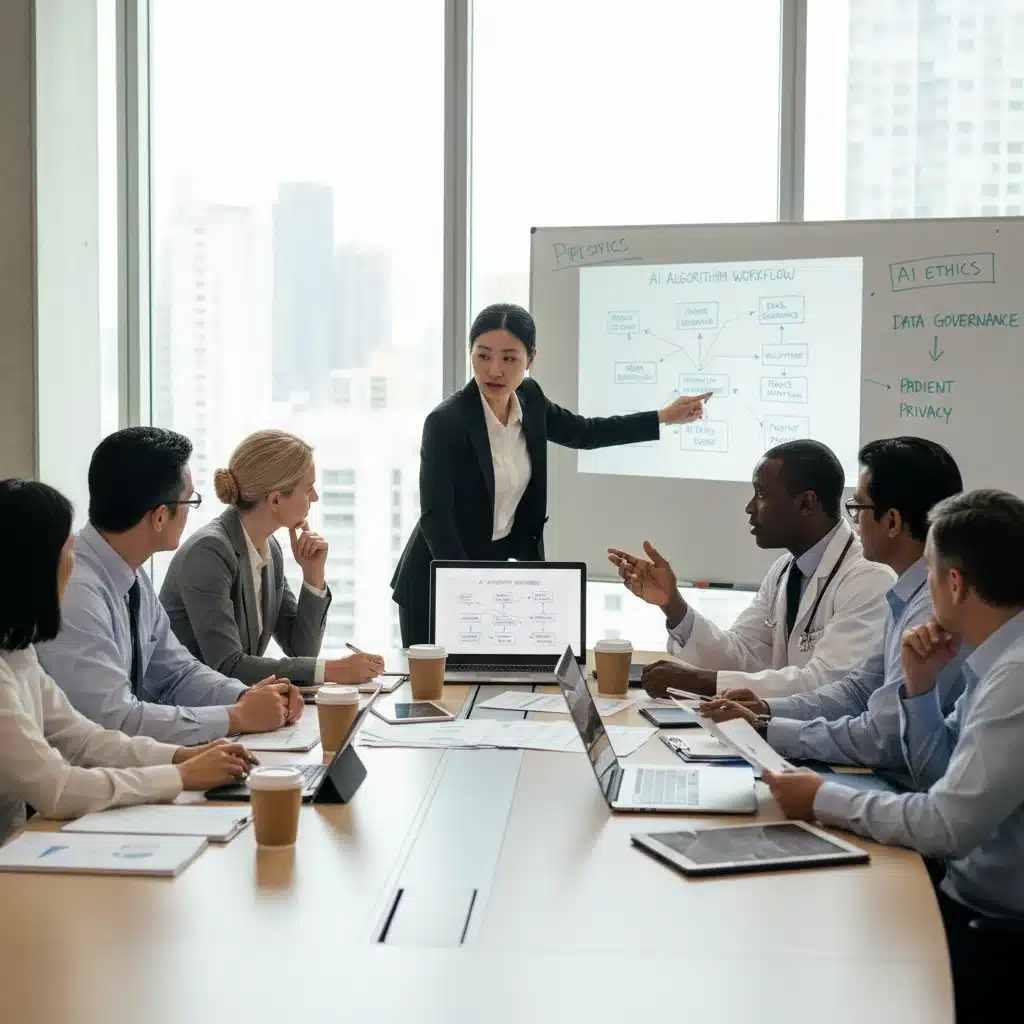 Multidisciplinary team collaborating on ethical AI and data governance strategies for medical devices, emphasizing compliance.