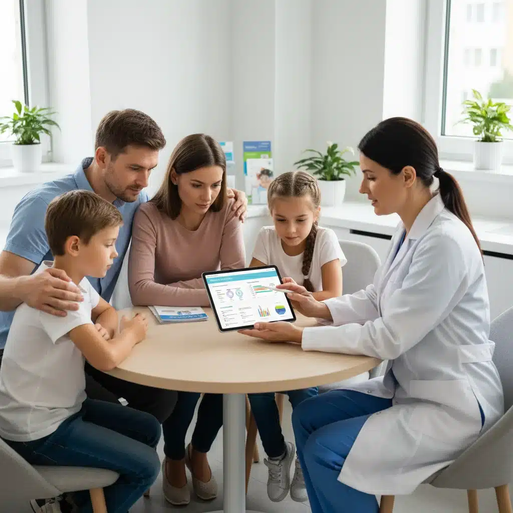 Family discussing health benefits with a healthcare provider in a clinic