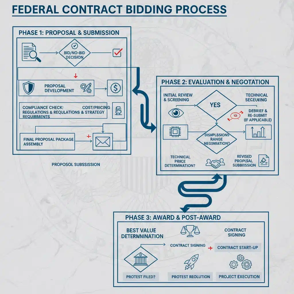 Detailed flowchart illustrating the complex federal contract bidding process for MedTech companies.