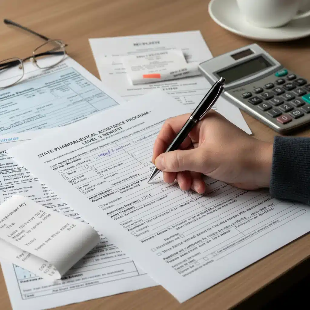 Detailed view of someone filling out a pharmaceutical assistance program application.