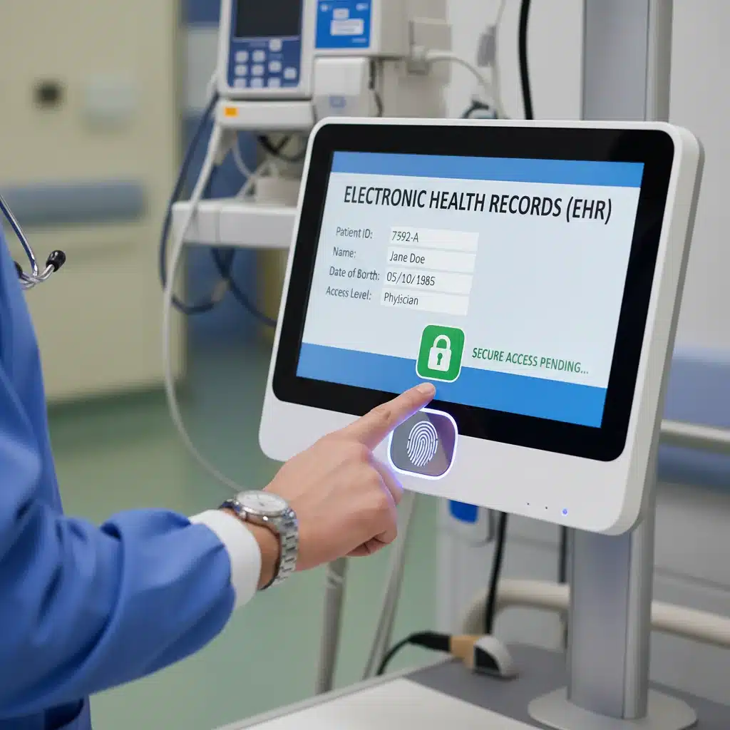 Doctor authenticating with fingerprint scanner for EHR access