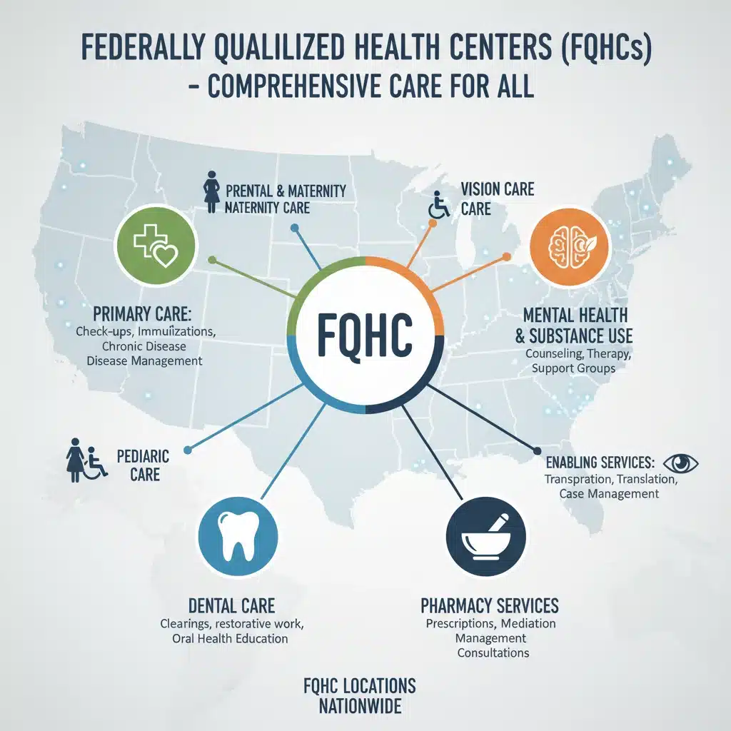 Infographic detailing comprehensive services provided by Federally Qualified Health Centers.