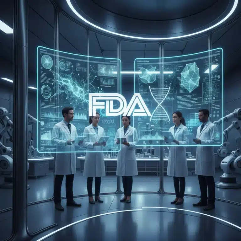Futuristic lab with AI diagnostic data and FDA logo