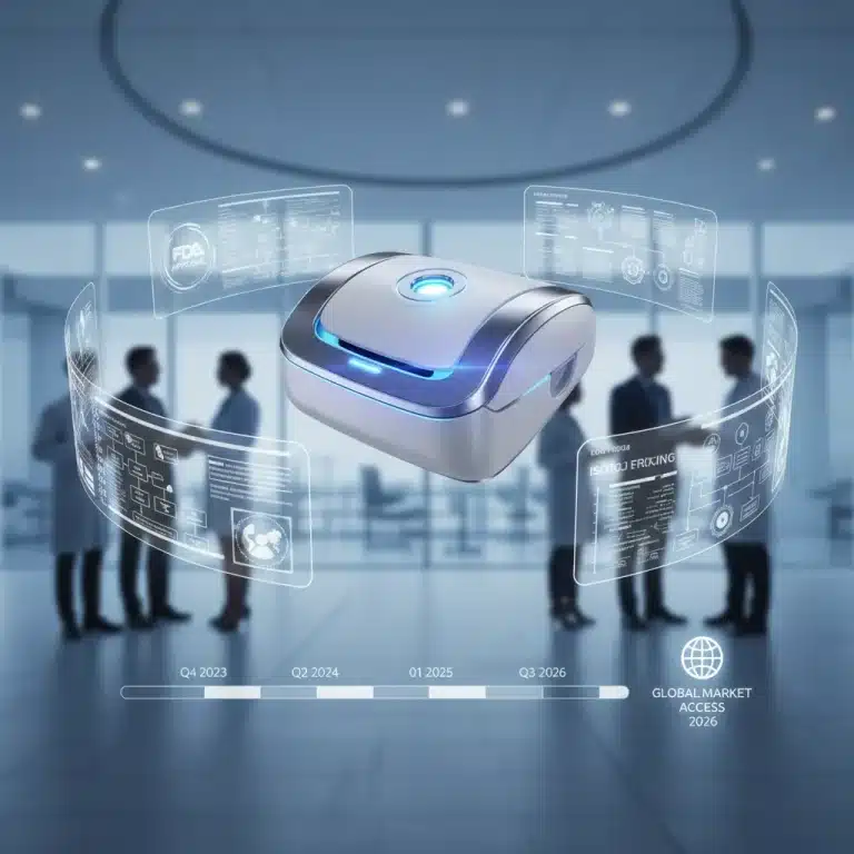 Futuristic medical device with digital regulatory documents and 2026 timeline